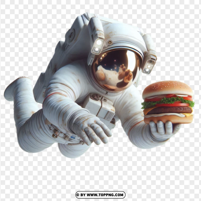 Astronaut holding a burger while floating in zero gravity png