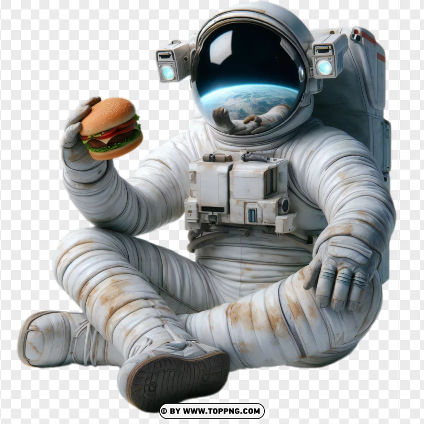 Astronaut sitting with a burger, enjoying space meal png