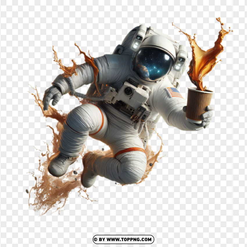 Astronaut jumping with a coffee splash effect in space png