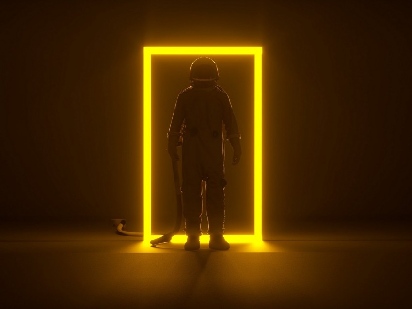 astronaut, portal, neon, frame, glow, dark