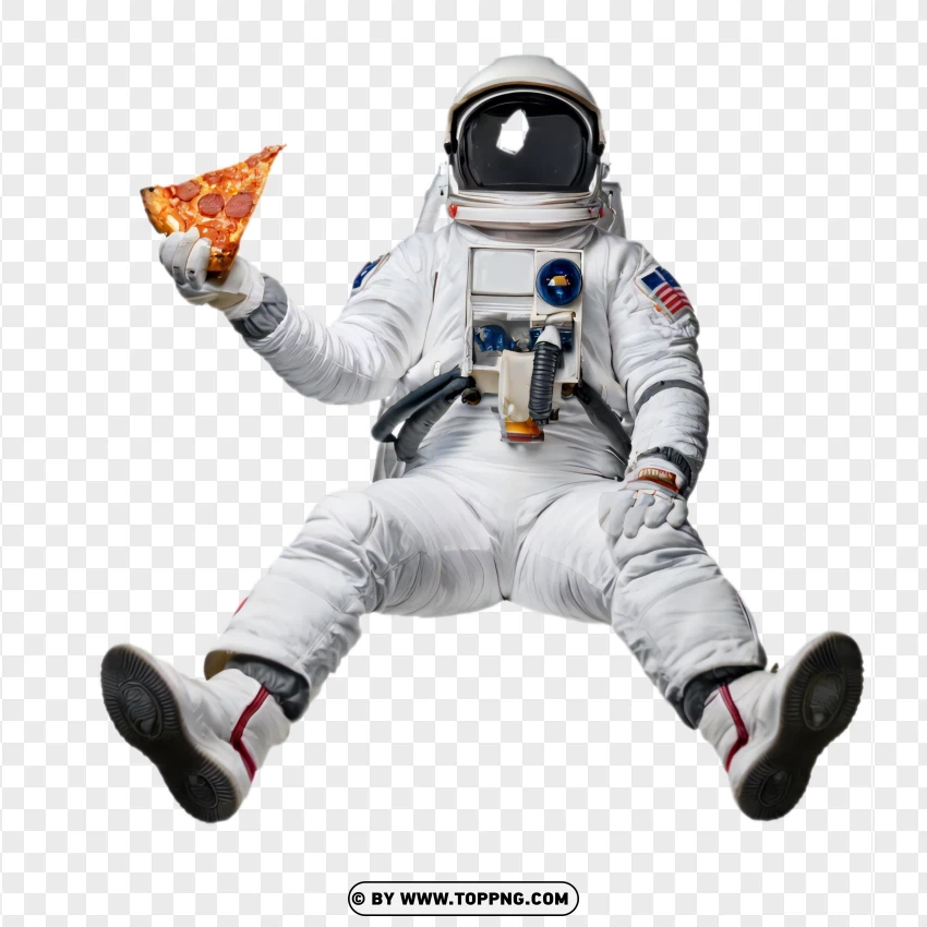 Astronaut floating in zero gravity with a slice of pizza png