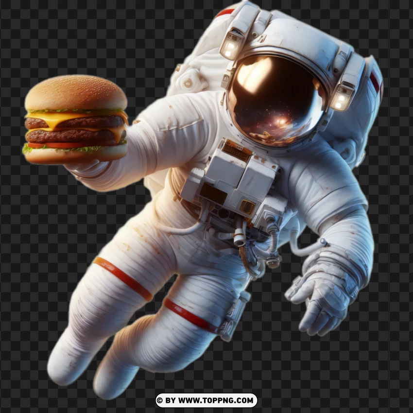 Astronaut jumping with a burger in zero gravity png