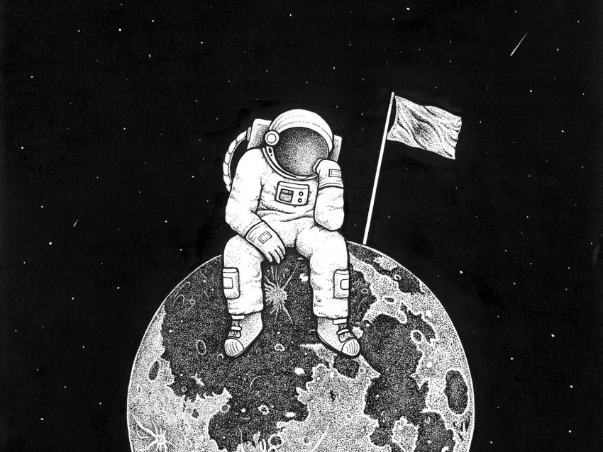 astronaut, space, art, planet, drawing, bw