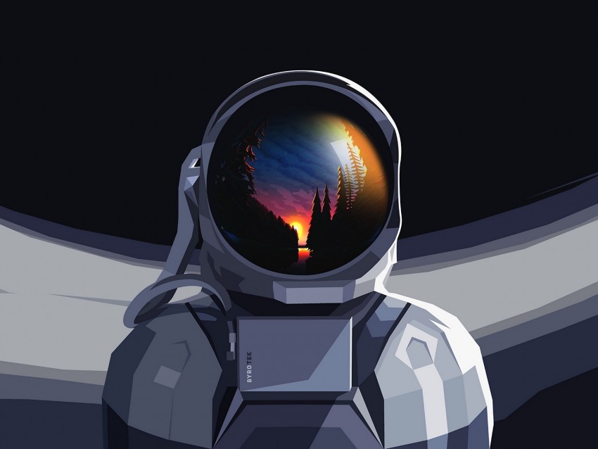 astronaut, spacesuit, reflection, sunset, art