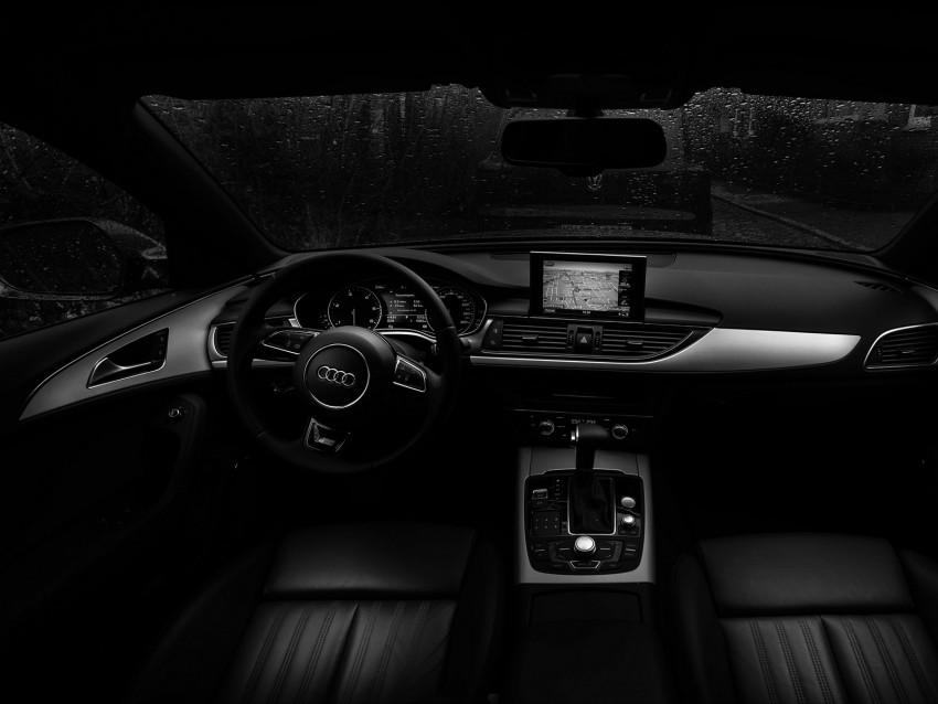 audi, steering wheel, car salon, rain, bw