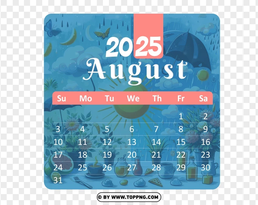 August 2025 Vector Monthly Calendar Page PNG Transparent Background