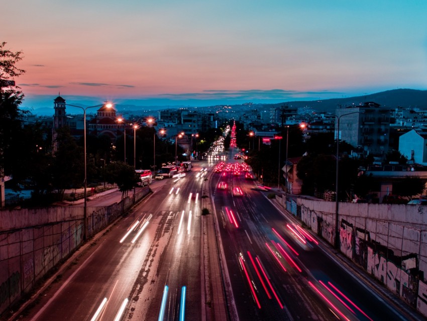 Avenue City Movement Evening Lights Long Exposure Background