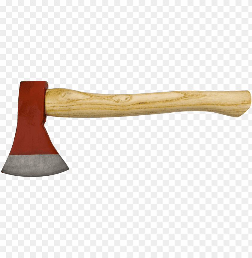 Wooden-handled axe with a red head and silver blade PNG