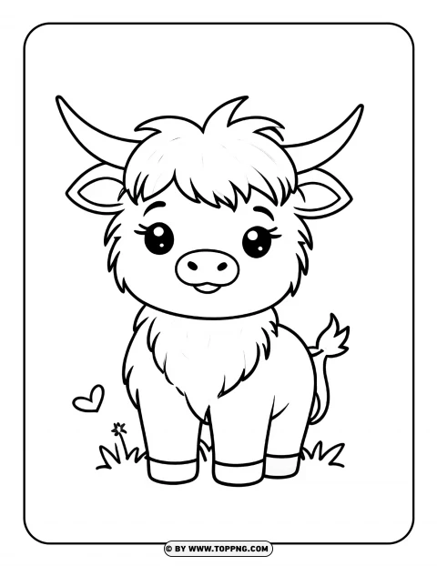 Baby Highland Cow Kawaii Coloring Page PNG Transparent Background