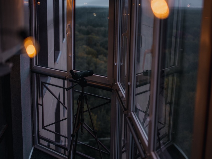 balcony, window, telescope, garland, glare