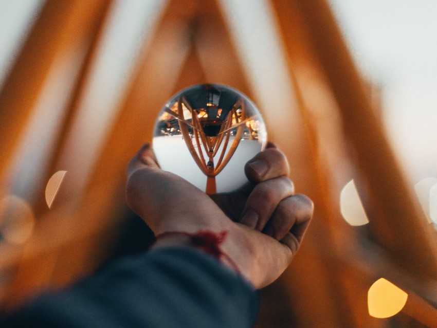 ball, glass, hand, reflection, blur