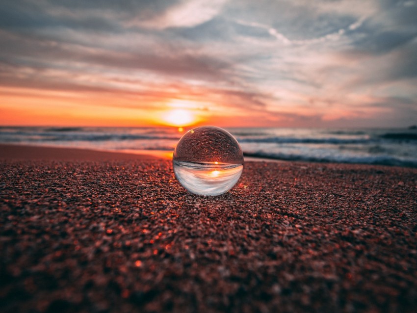 ball, glass, reflection, sea, sunset, shore