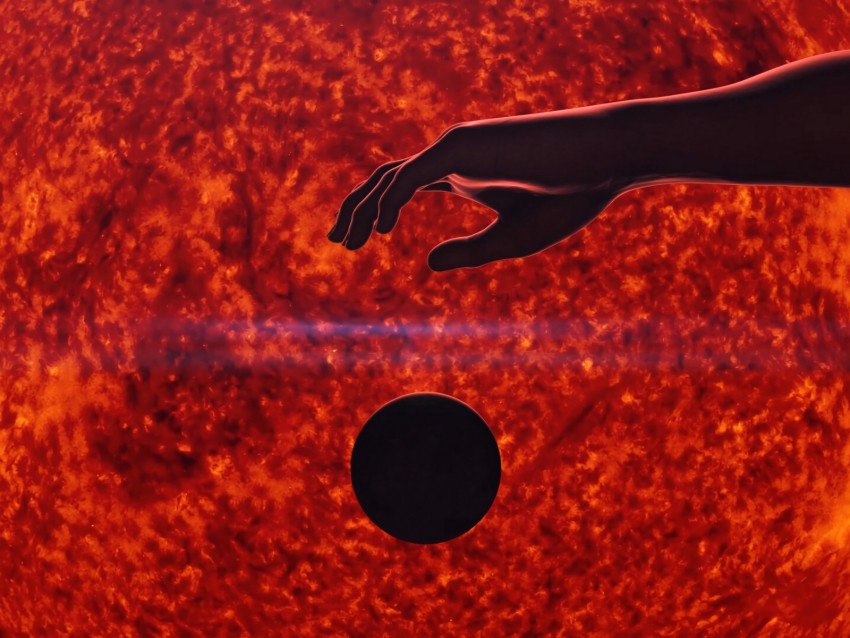 ball, hand, sun, surface, fiery, art