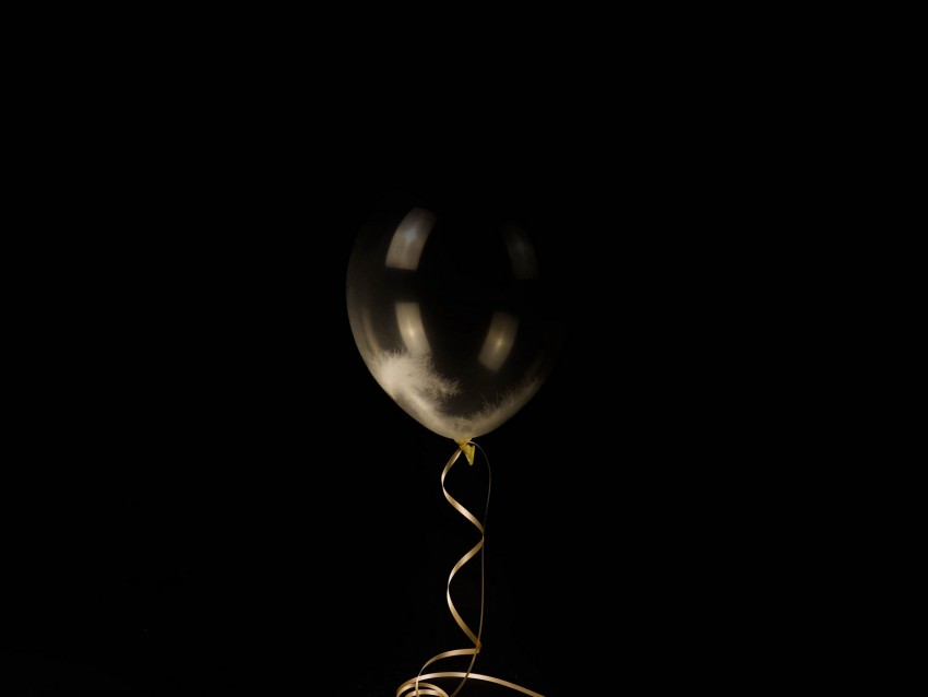 balloon, feathers, lightness, minimalism, dark, ribbon