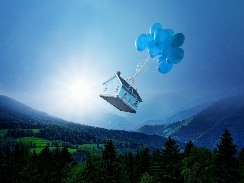 balloons, house, flight, fantasy, forest