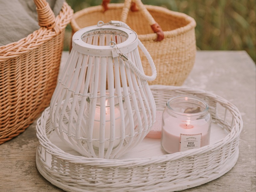 Basket Candles Jar Wooden Wicker Background