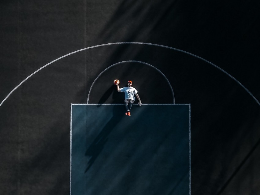 basketball court, man, aerial view, marking, basketball