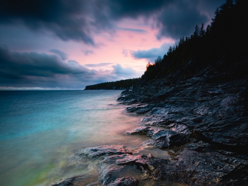 Bay Coast Sunset Stones Trees Clouds Sky Georgia Background