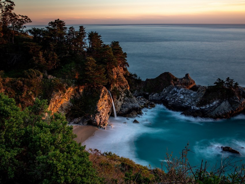 Bay Rocks Waterfall Sea Trees Vegetation Stone Background