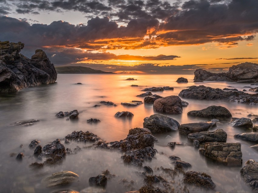 bay, sunset, horizon, stones, clouds