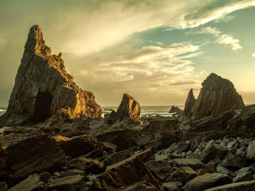 beach, rocks, stones, coast, sky