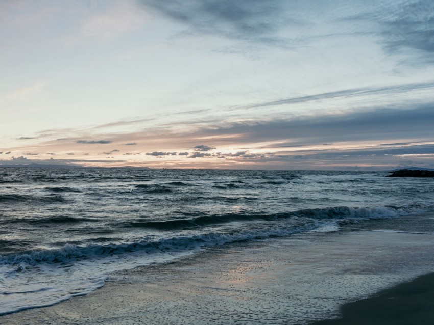 beach, sea, waves, horizon, dusk