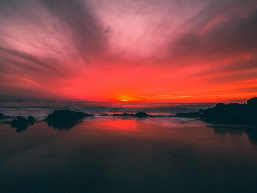 beach, sunset, sea, horizon, sky, coast