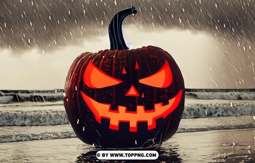 Beachside Jack-o-lantern Halloween Rain Scene PNG Transparent Background