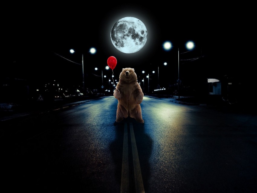 bear, balloon, full moon, road, photoshop