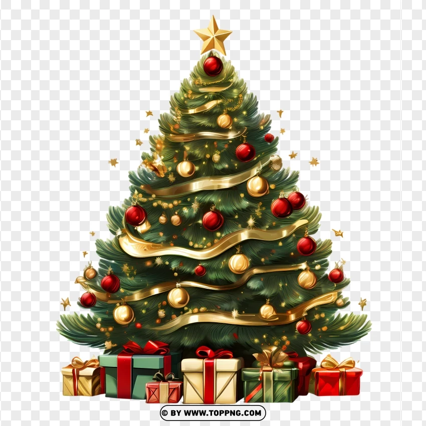 Beautiful Christmas Tree With Gifts And Golden Decorations PNG Transparent Background