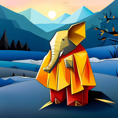 Adorable baby elephant, Colorful cloak, Vibrant colors,Low poly art, Whimsical design, Joyful illustration,Elephant head