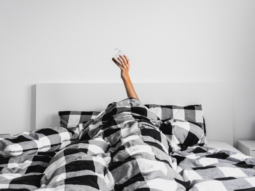 bed, hand, morning, mug, minimalism