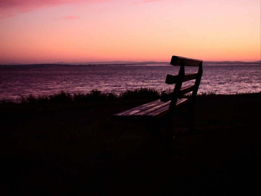 bench, sunset, sea, horizon, melancholy, loneliness