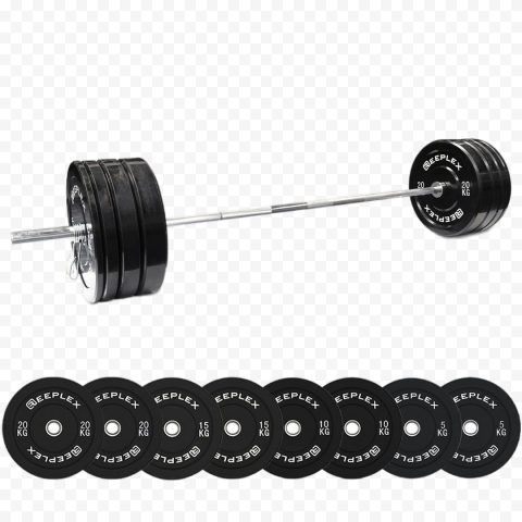 Barbell with weight plates arranged for strength training workout.