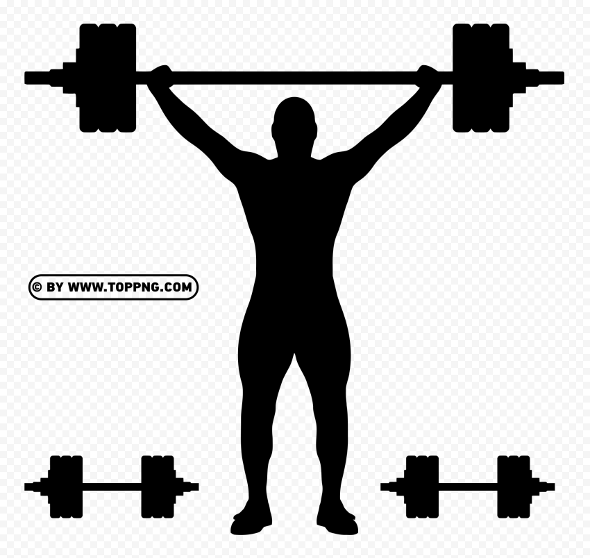 Silhouette of a weightlifter lifting a barbell with weights on the ground.