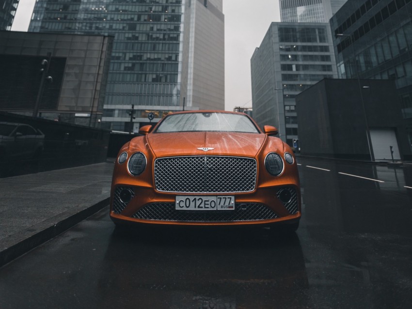 bentley continental gt, bentley, car, orange, front view, city, buildings