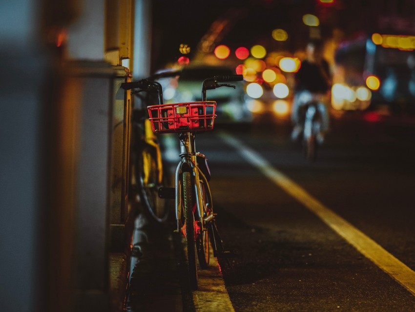 bicycle, street, night, glare, bokeh