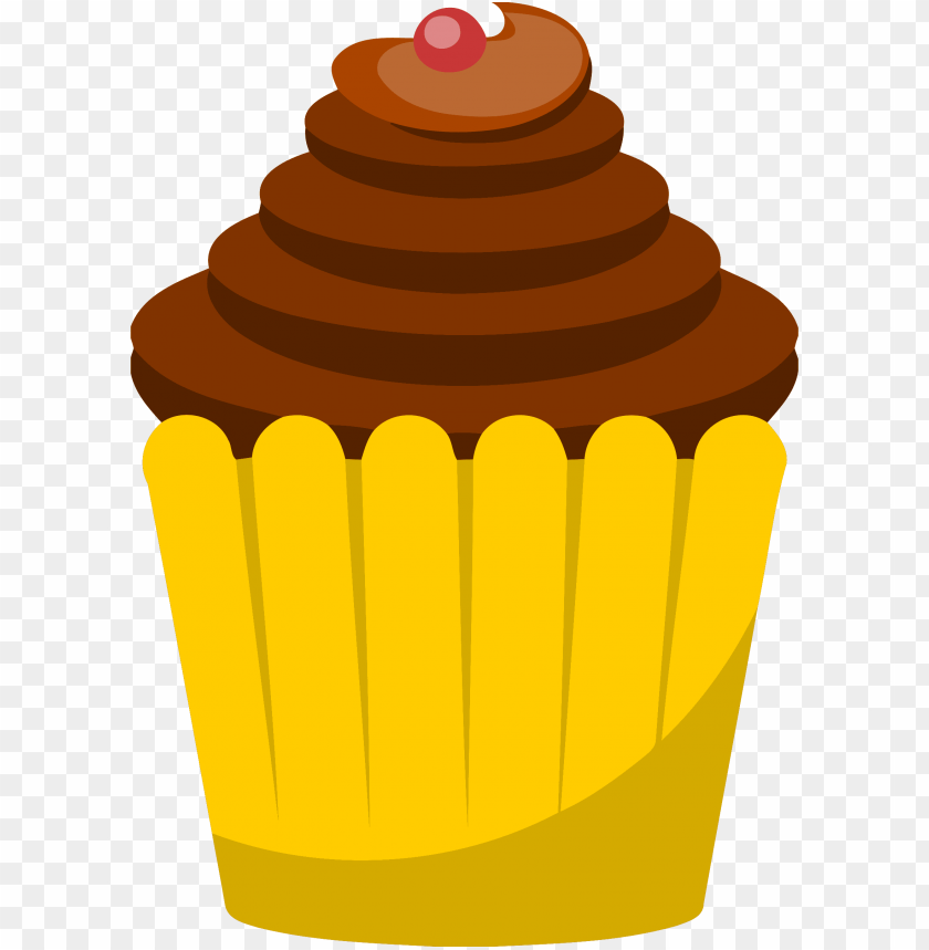 cupcake, chocolate frosting, yellow wrapper, dessert treat, sweet indulgence, bakery item, party snack