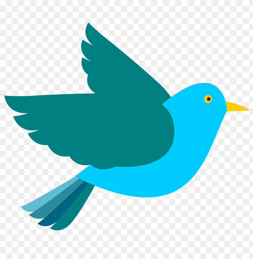 A vibrant blue bird flying with a bright yellow beak and wings spread wide PNG