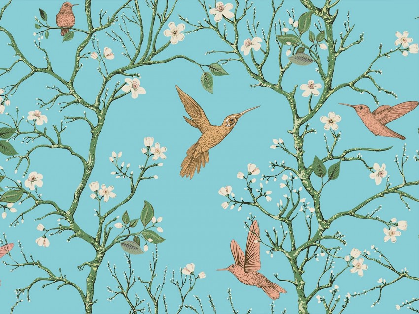 Birds Branches Flowers Spring Pattern Background