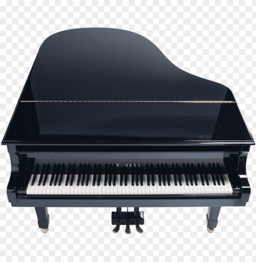 Black grand piano from a top view with visible keys and pedals