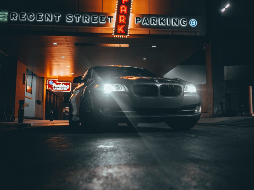 bmw, car, gray, headlights, light, night