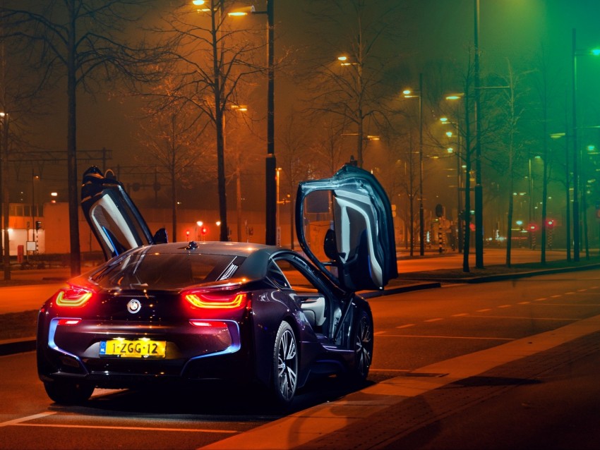 Bmw I8 Bmw Sportscar Supercar Night Lights City Parking Background