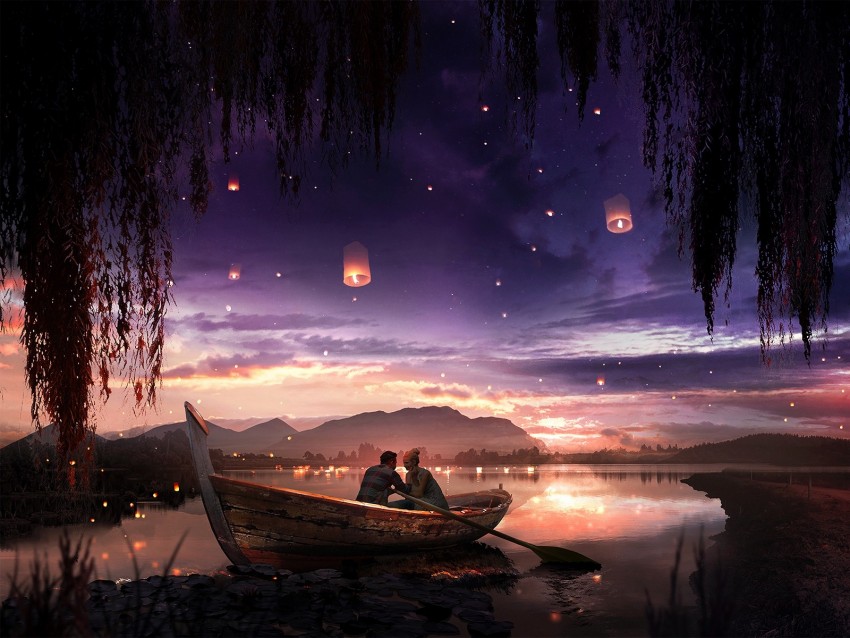 boat, couple, stars, night, romance, art