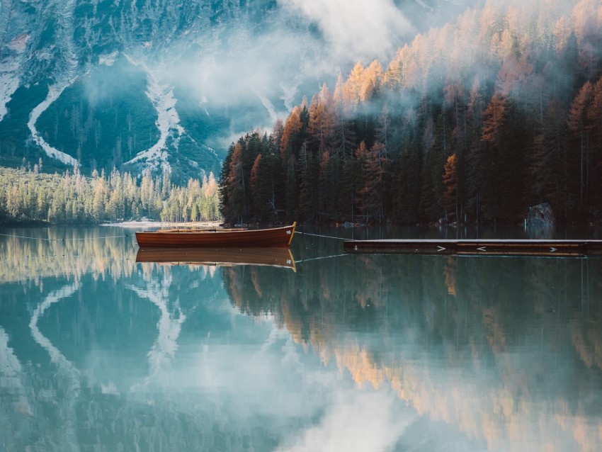 Boat Mountains Lake Trees Autumn Background