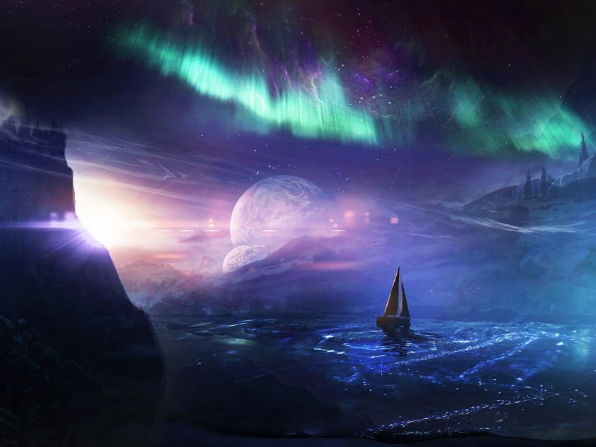 boat, planet, northern lights, art, night