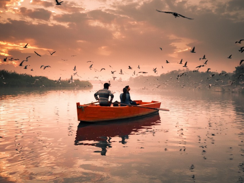 Boat River Birds Walk Sky Clouds Seagulls Background