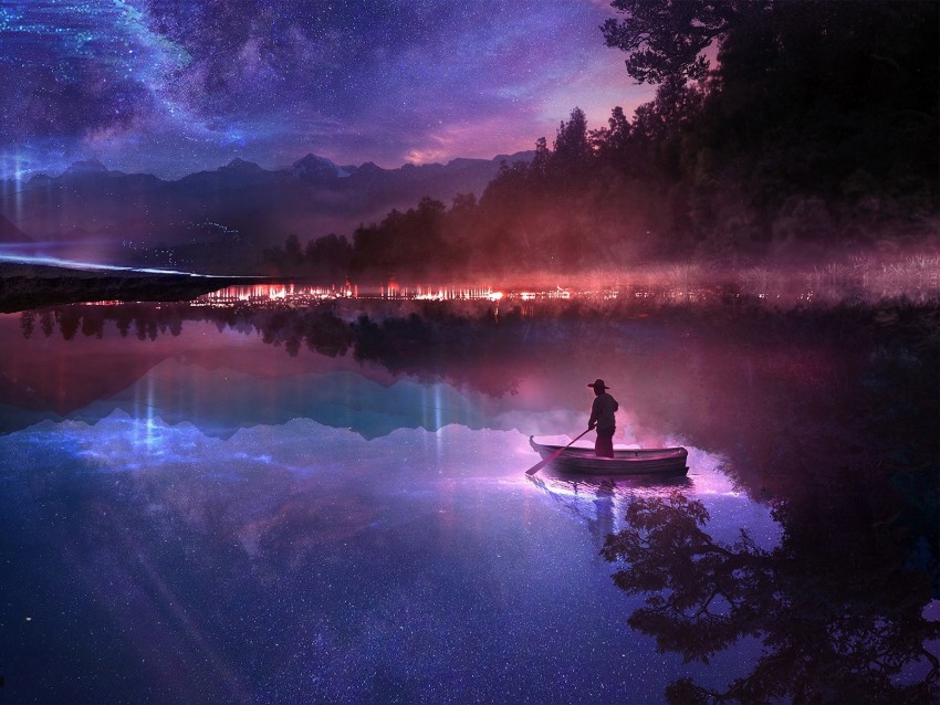 boat, river, loneliness, night, art