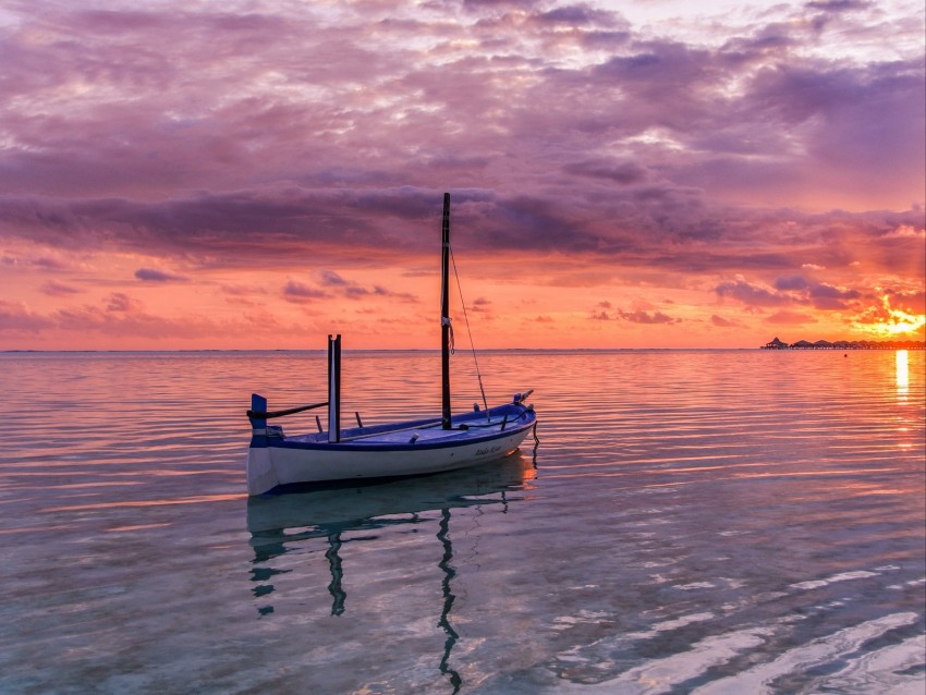 boat, sea, ocean, horizon, sunset