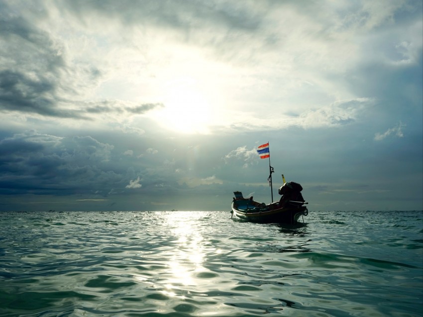 Boat Sea Waves Clouds Sunset Background